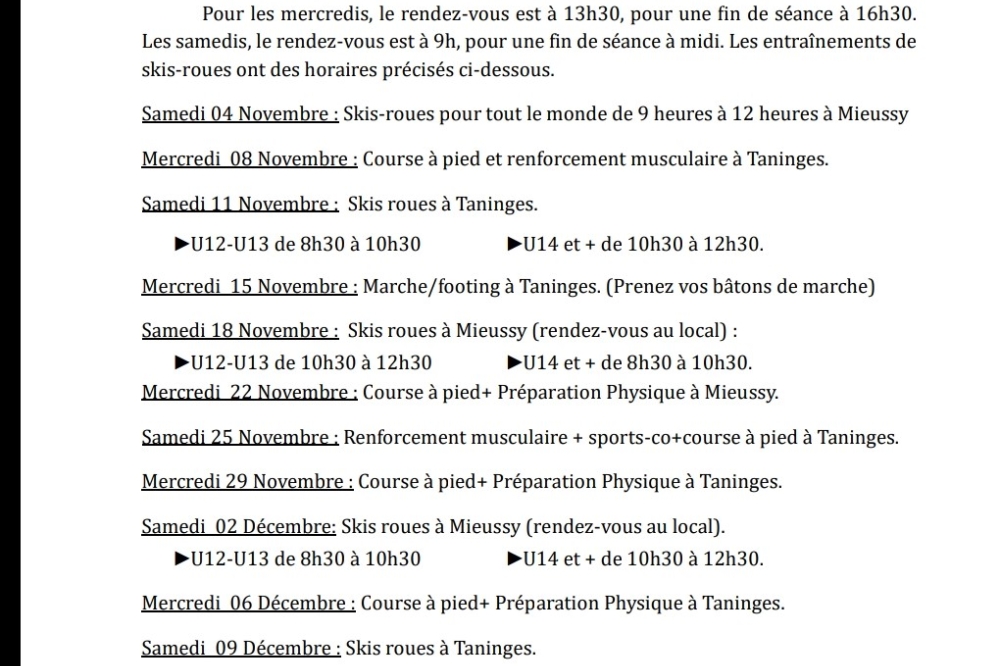 Club - Programme d'entrainement Automne