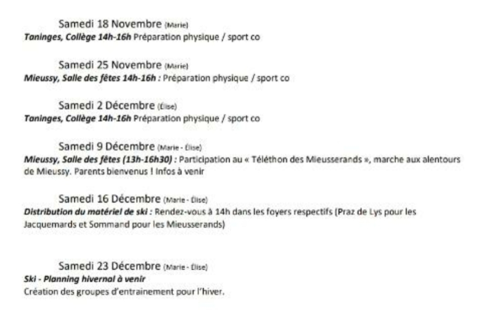 Pré Club : Programme entrainement automne