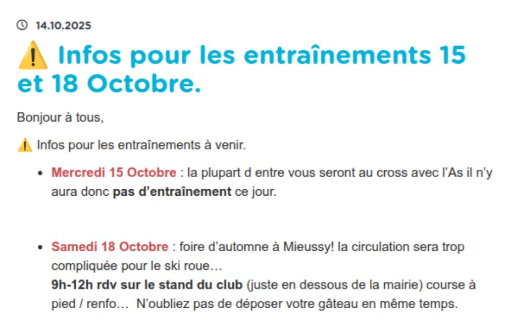 ⚠️ Infos pour les entraînements 15 et 18 Octobre.
