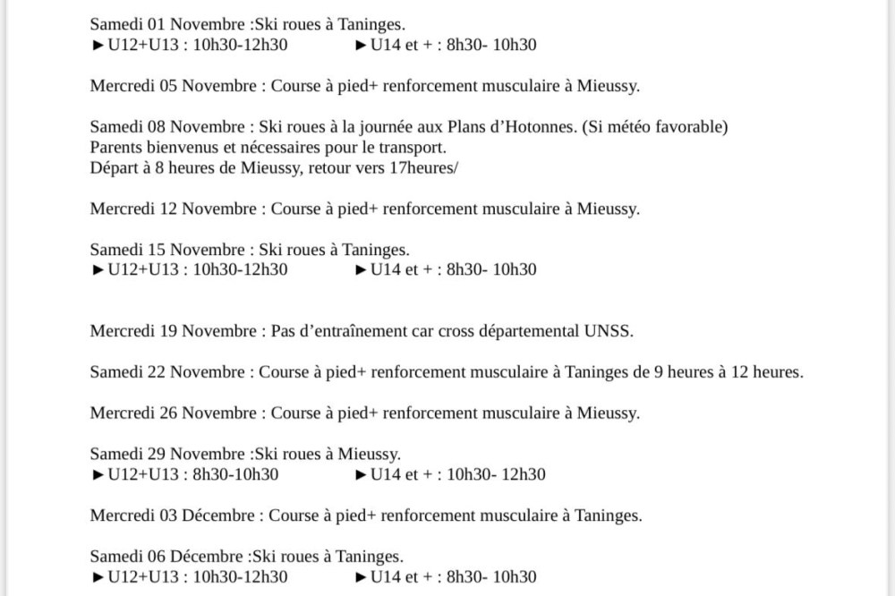 Planning entraînements club Novembre décembre