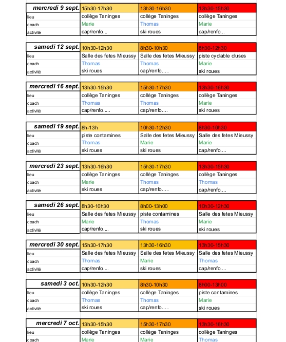 Planning entraînements club automne 2026