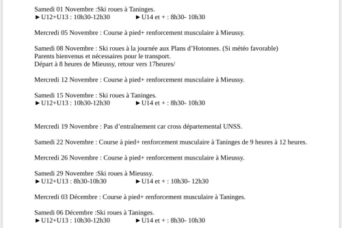 Planning entraînements club Novembre décembre
